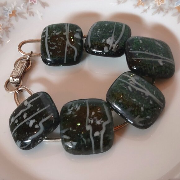 Rare VINTAGE ARTISAN Green GLASS BEADS SILVER BRACELET Stunning Chunky! - Picture 1 of 6